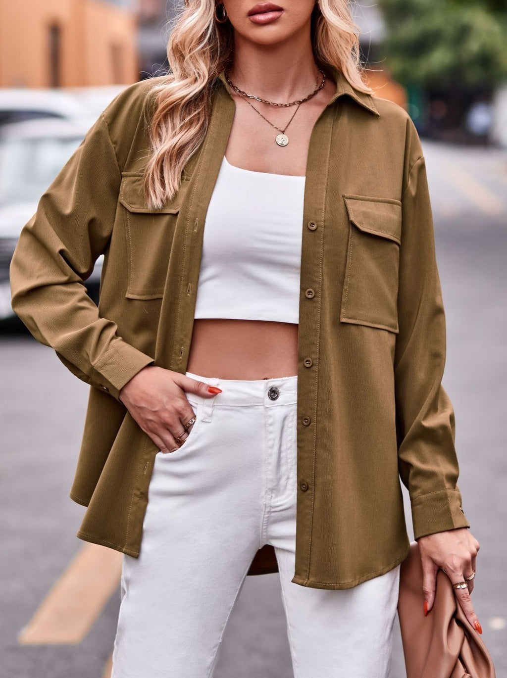 Relaxed Flap Pocket Long Sleeve Shirt - Camel - 1