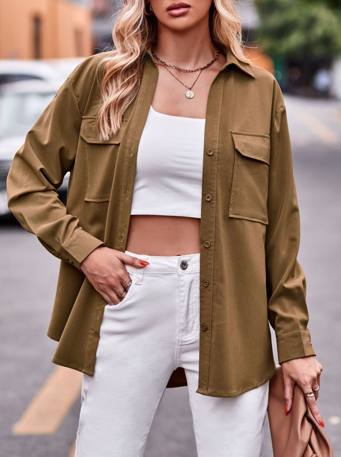 Relaxed Flap Pocket Long Sleeve Shirt - Camel - 1
