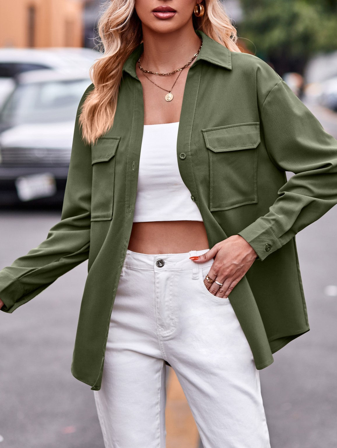 Relaxed Flap Pocket Long Sleeve Shirt - Green
