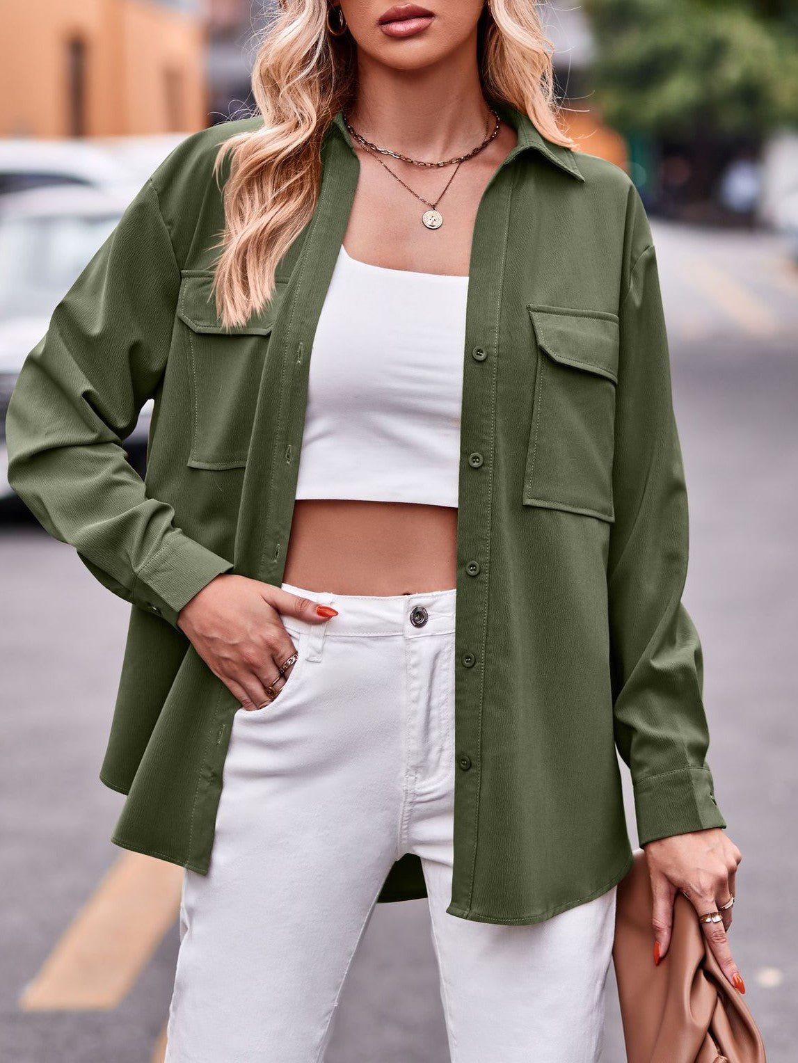 Relaxed Flap Pocket Long Sleeve Shirt - Green - 1