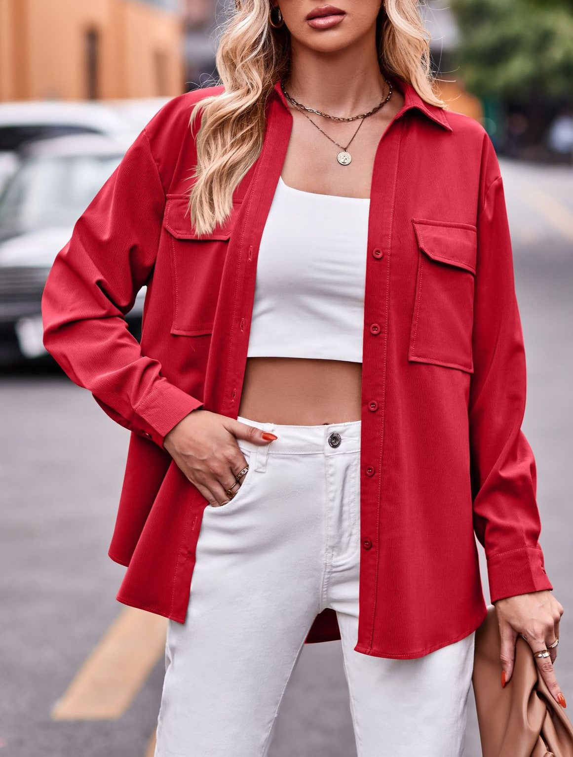 Relaxed Flap Pocket Long Sleeve Shirt - Red