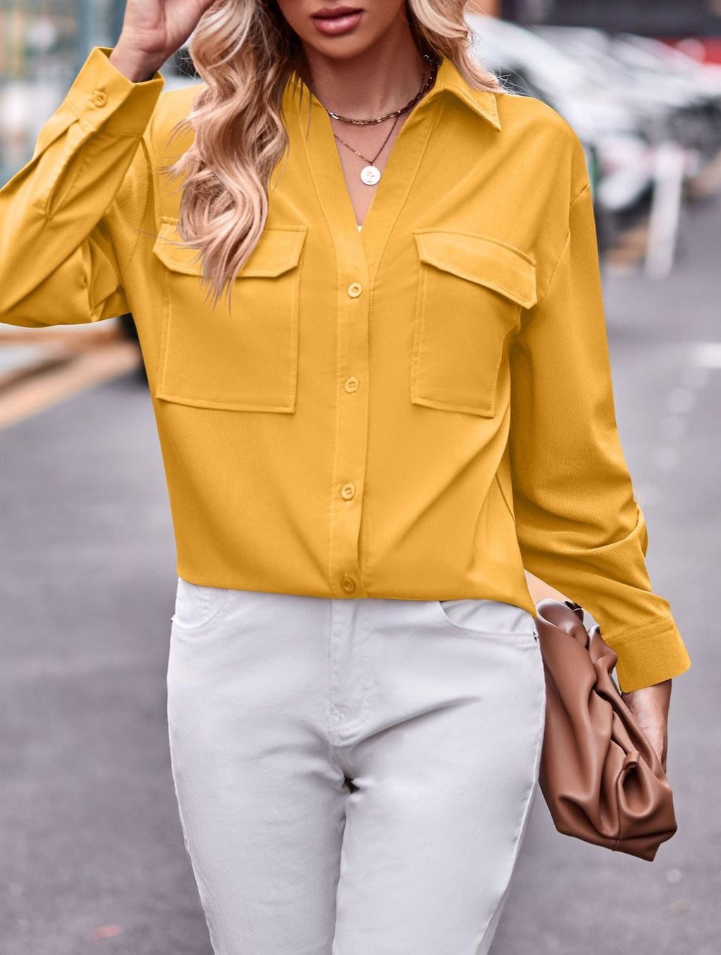 Relaxed Flap Pocket Long Sleeve Shirt - Yellow