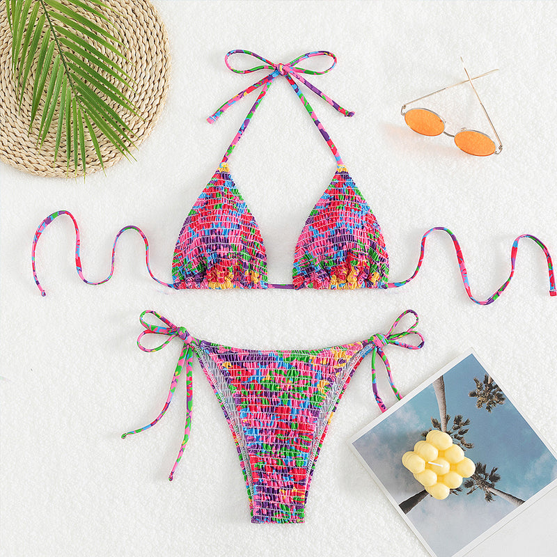 Rainbow Smocked Halter Triangle Bikini - Colorful - 2