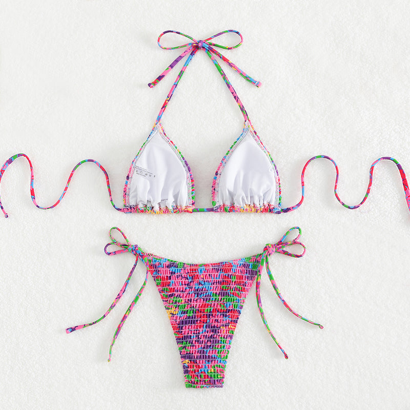 Rainbow Smocked Halter Triangle Bikini - Colorful - 3