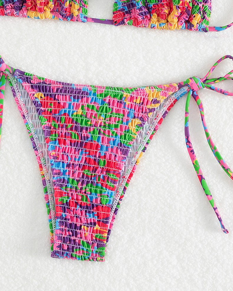 Rainbow Smocked Halter Triangle Bikini - Colorful - 4