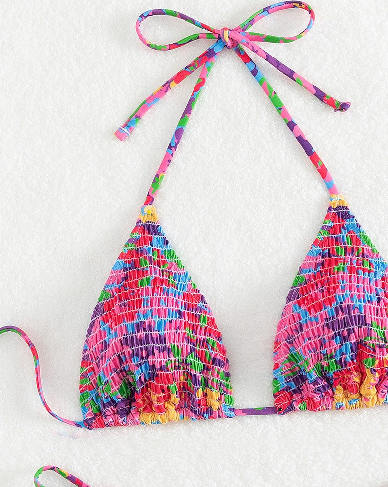 Rainbow Smocked Halter Triangle Bikini - Colorful - 5