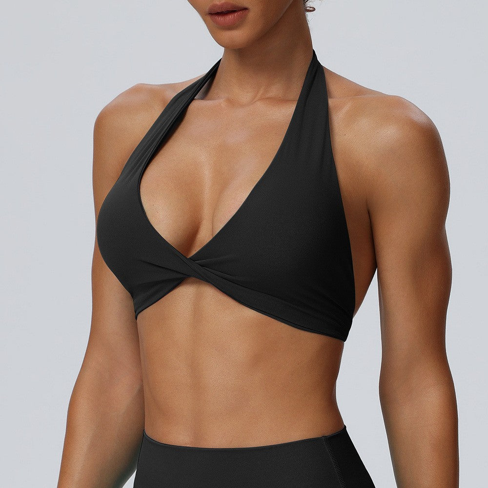 Deep V Twist Front Halter Stretch Sports Bra - Black