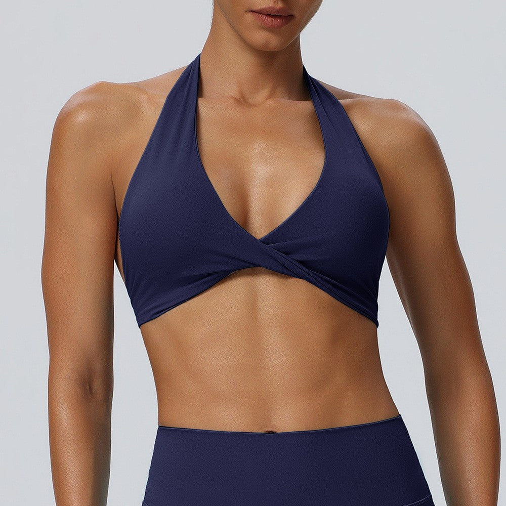 Deep V Twist Front Halter Stretch Sports Bra - Navy