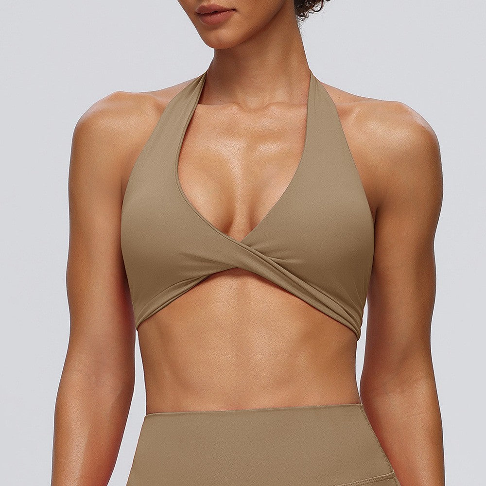Deep V Twist Front Halter Stretch Sports Bra - Taupe