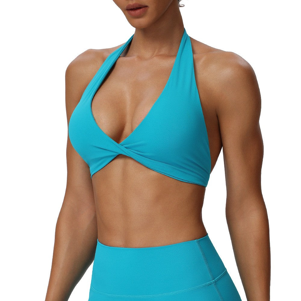 Deep V Twist Front Halter Stretch Sports Bra