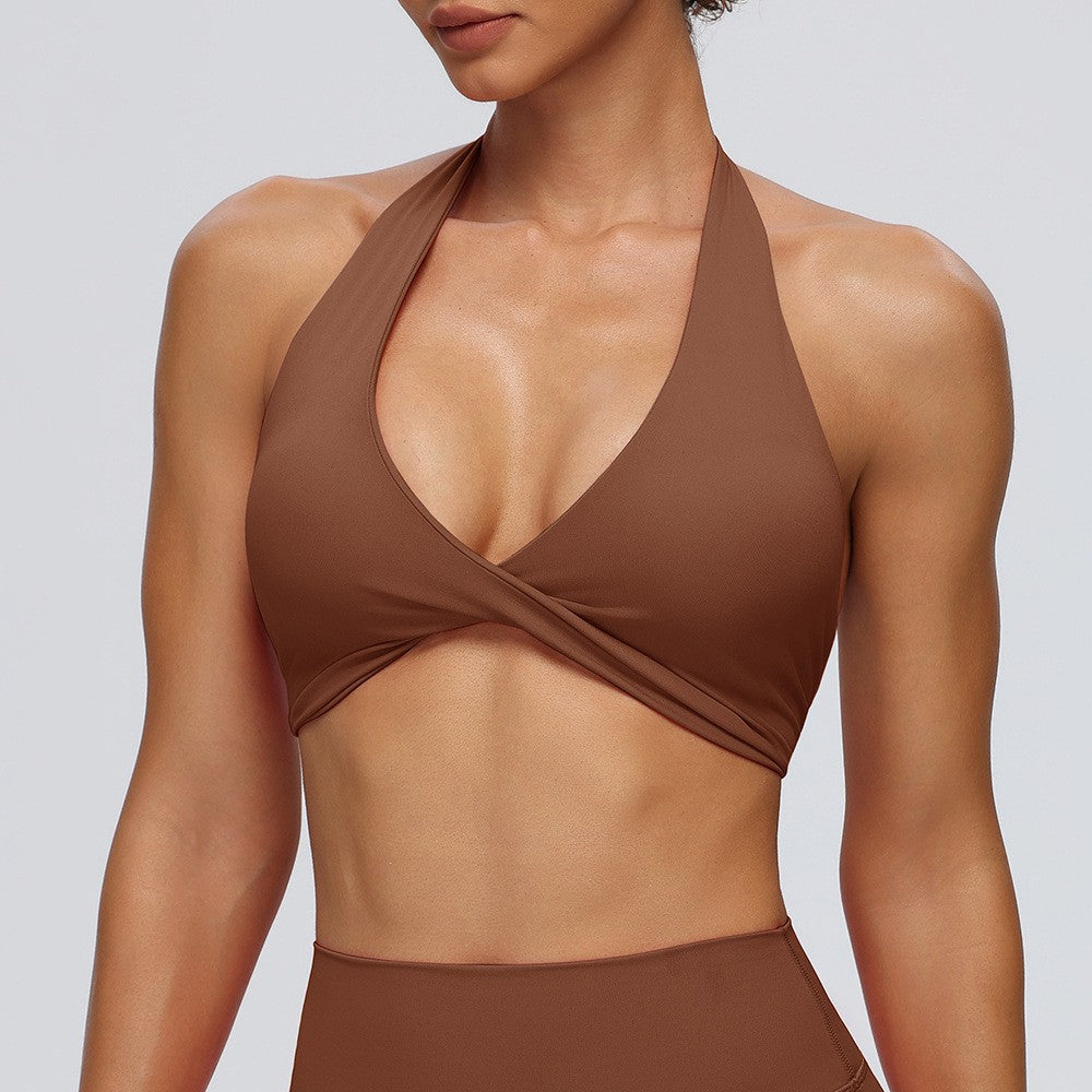 Deep V Twist Front Halter Stretch Sports Bra