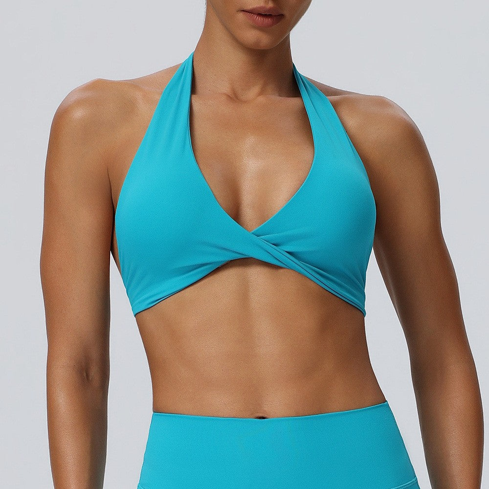 Deep V Twist Front Halter Stretch Sports Bra