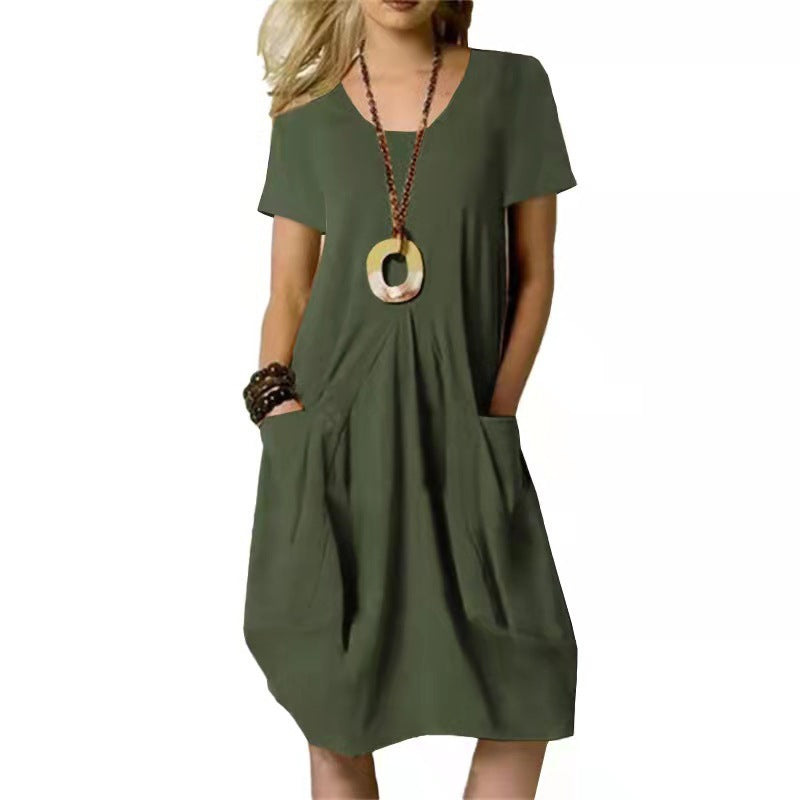 Round Neck Short Sleeve Pocket Cocoon Dress - ArmyGreen
