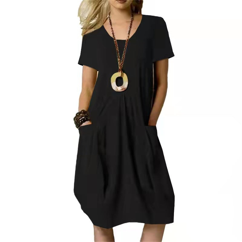 Round Neck Short Sleeve Pocket Cocoon Dress - Black