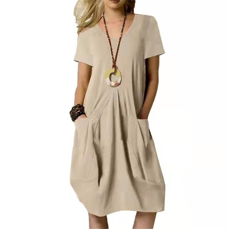 Round Neck Short Sleeve Pocket Cocoon Dress - Khaki