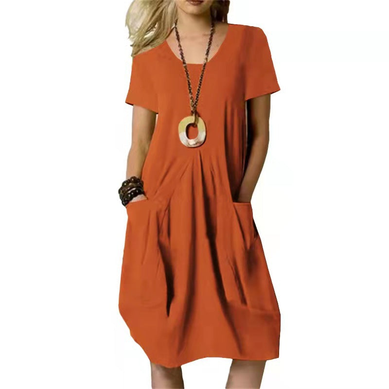 Round Neck Short Sleeve Pocket Cocoon Dress - Orange