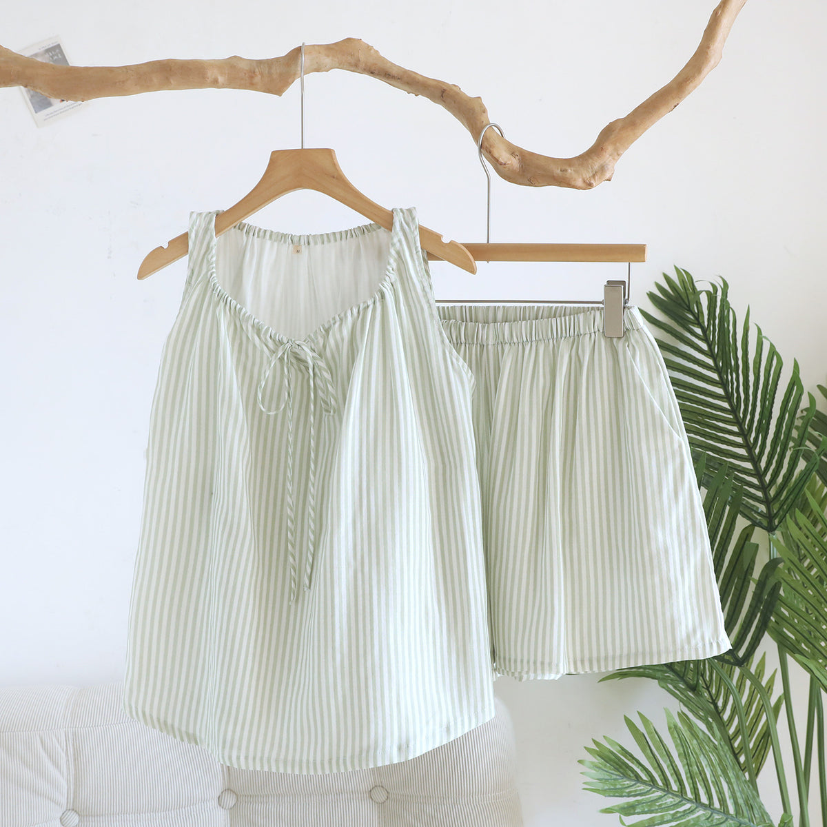 Striped Tie Neck Tank And Shorts Lounge Set - Green