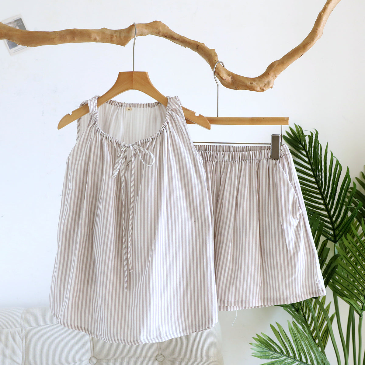 Striped Tie Neck Tank And Shorts Lounge Set - Grey