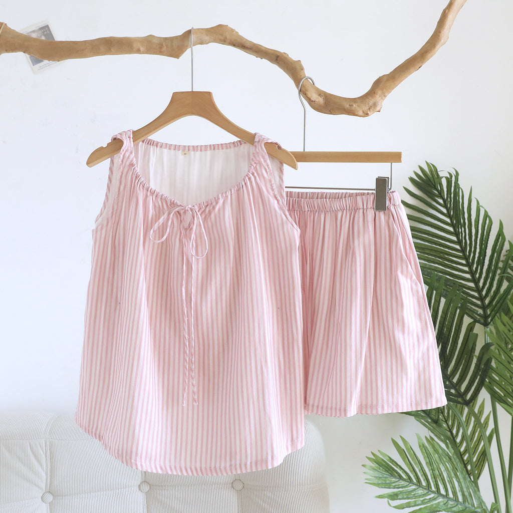 Striped Tie Neck Tank And Shorts Lounge Set - Pink