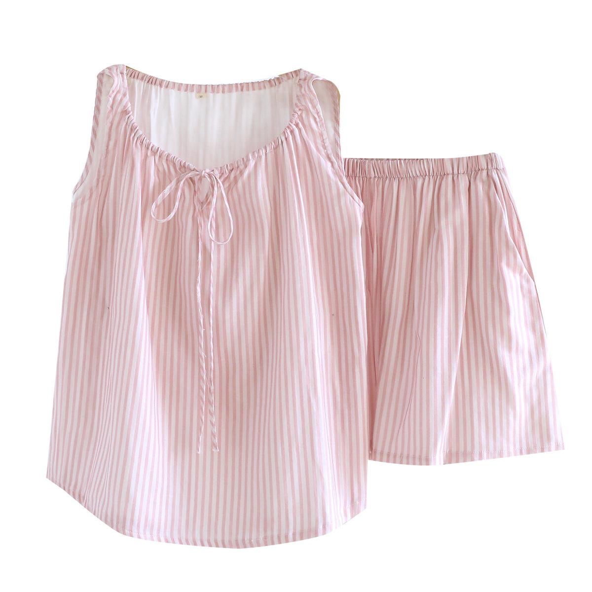 Striped Tie Neck Tank And Shorts Lounge Set - Pink - 18