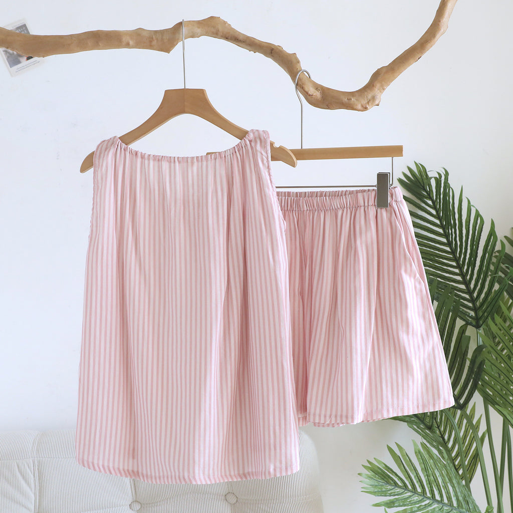 Striped Tie Neck Tank And Shorts Lounge Set - Pink - 2