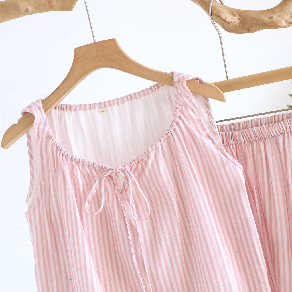 Striped Tie Neck Tank And Shorts Lounge Set - Pink - 3