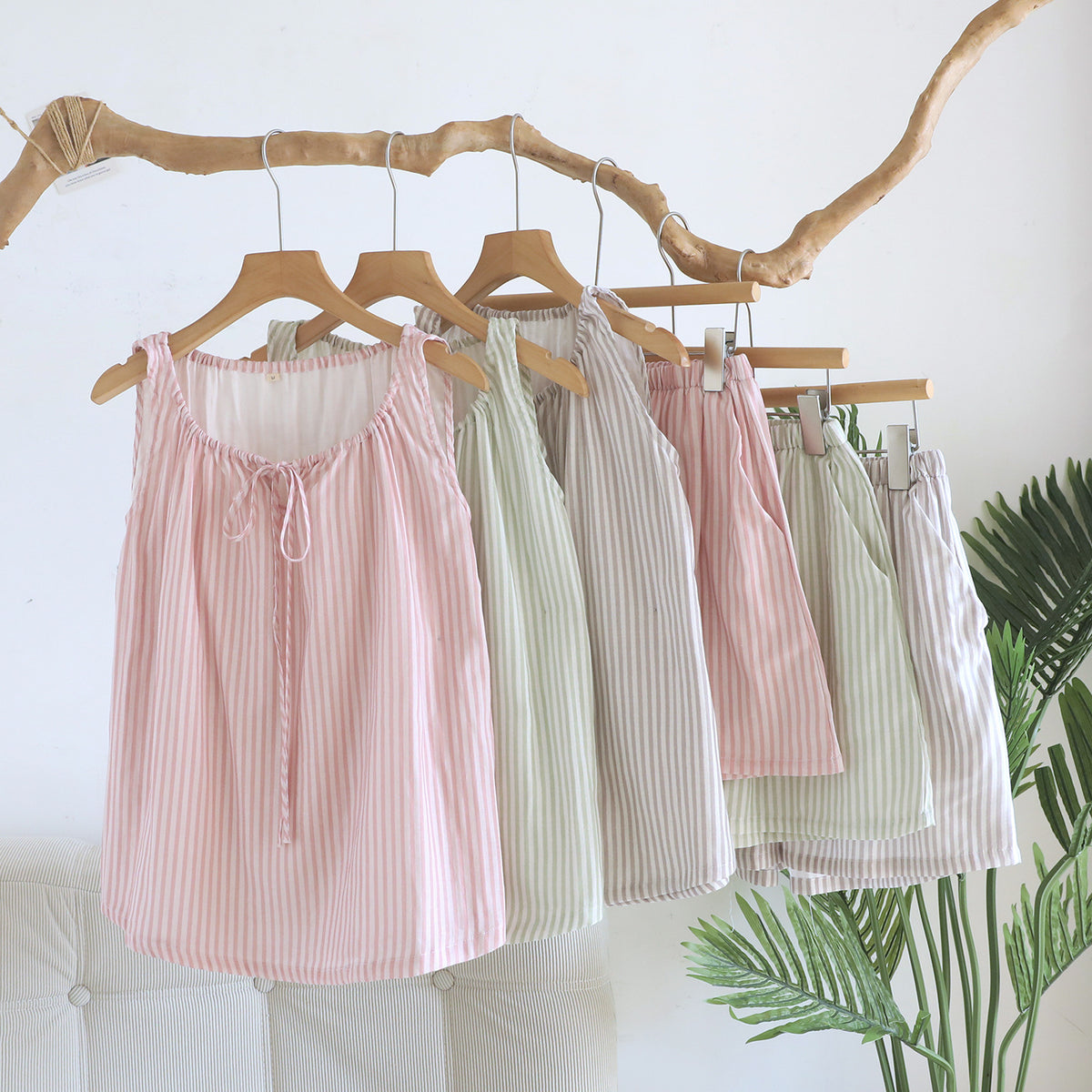 Striped Tie Neck Tank And Shorts Lounge Set - view 1