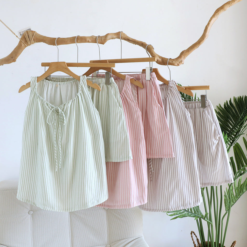 Striped Tie Neck Tank And Shorts Lounge Set - view 3