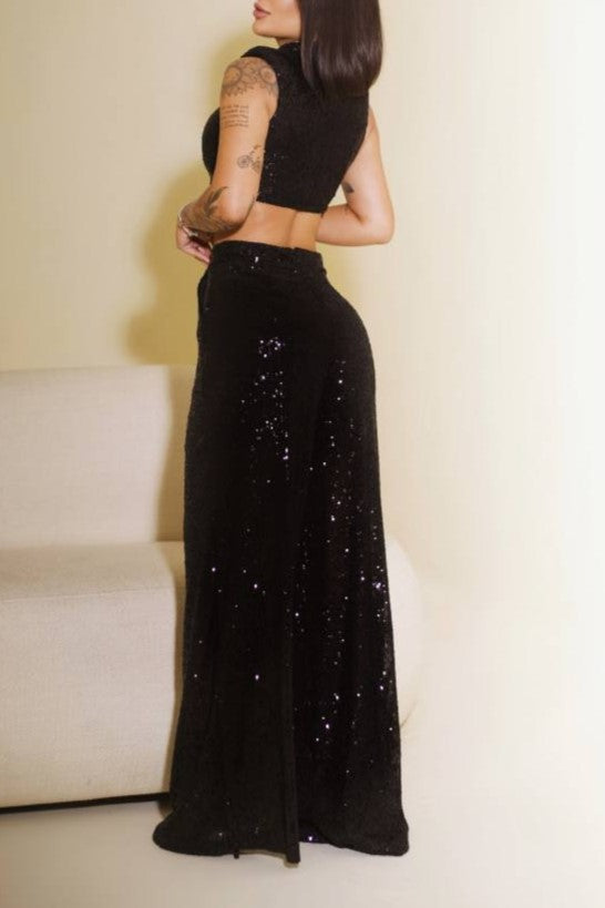 Sparkle Mock Neck Two Piece Trouser Set - Black - 2