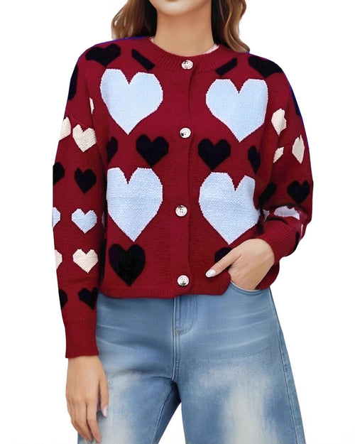Allover Heart Cropped Button Front Cardigan - Red