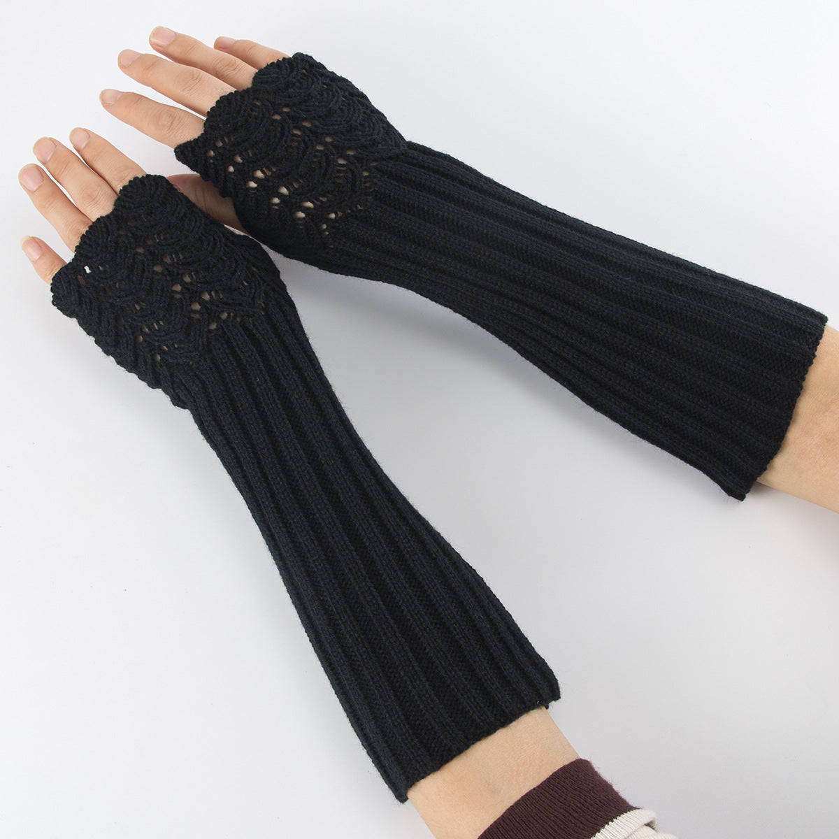 Textured Knit Long Fingerless Arm Warmers - Black