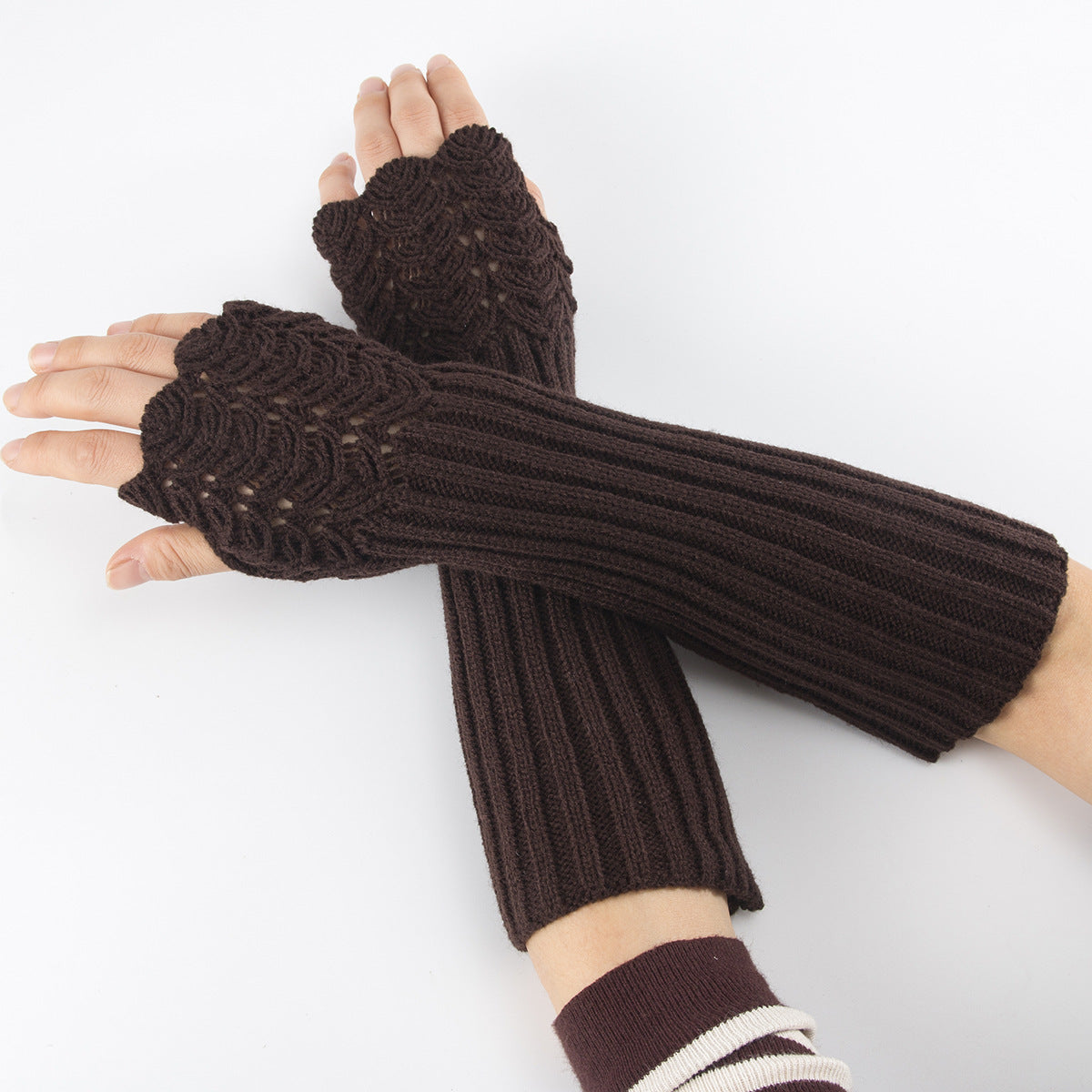 Textured Knit Long Fingerless Arm Warmers - Coffee