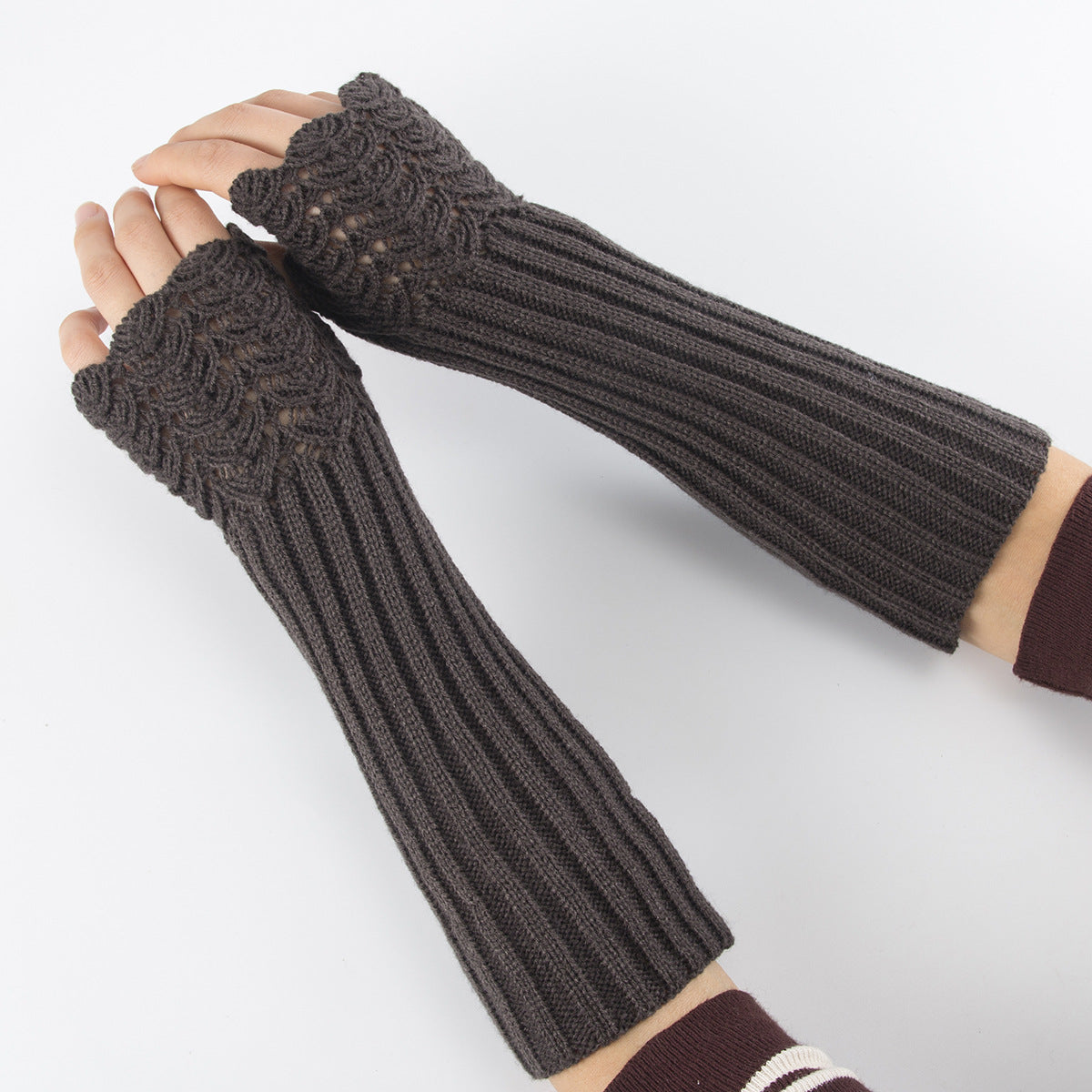 Textured Knit Long Fingerless Arm Warmers - DarkGrey