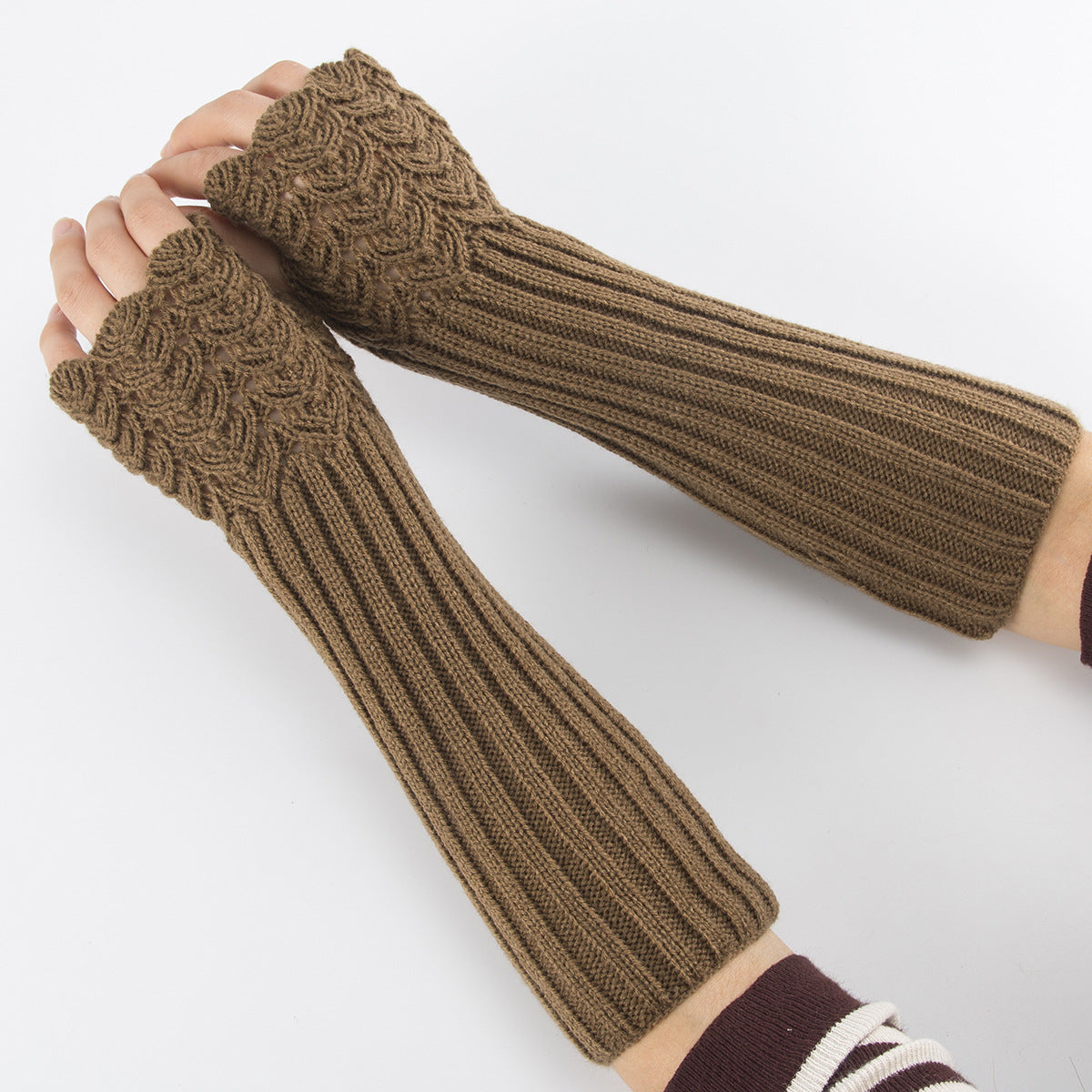 Textured Knit Long Fingerless Arm Warmers - Khaki