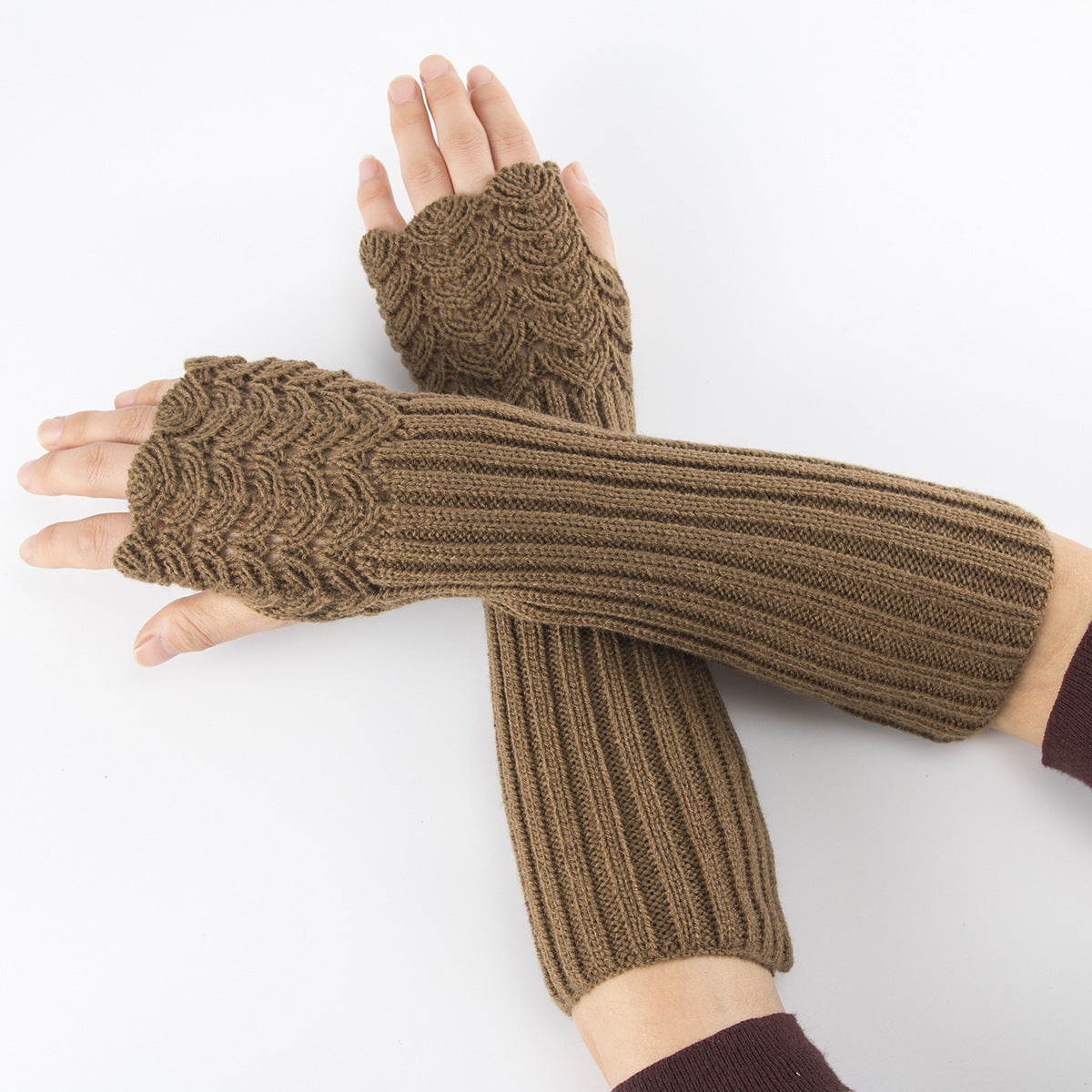 Textured Knit Long Fingerless Arm Warmers - Khaki - 1