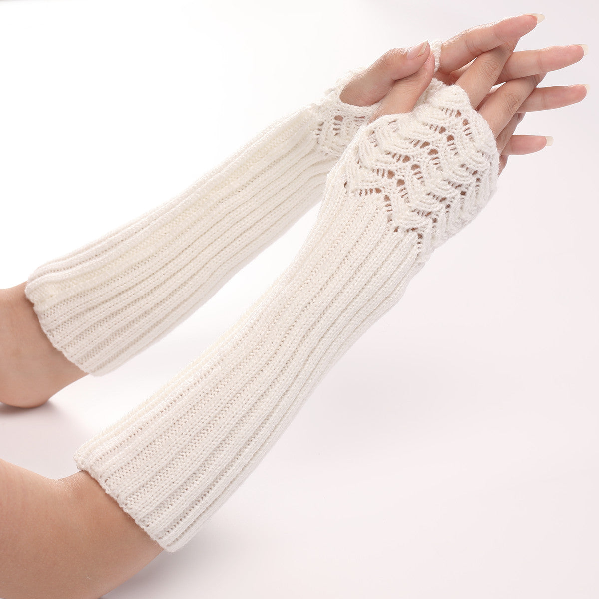 Textured Knit Long Fingerless Arm Warmers - White