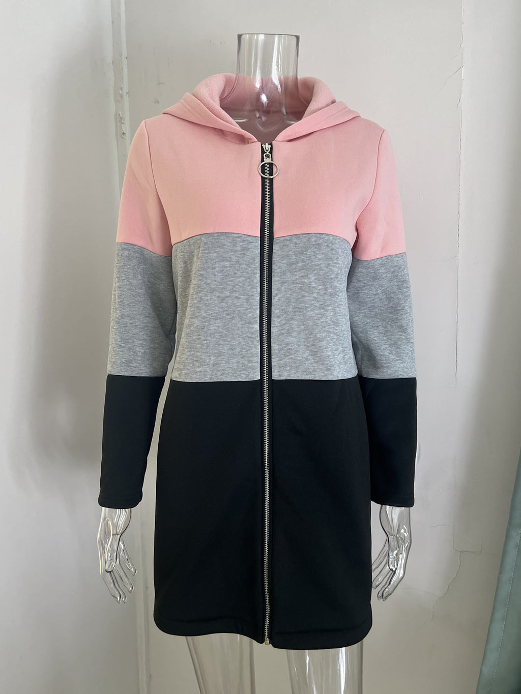 Color Block Longline Zip Up Hoodie - Pink
