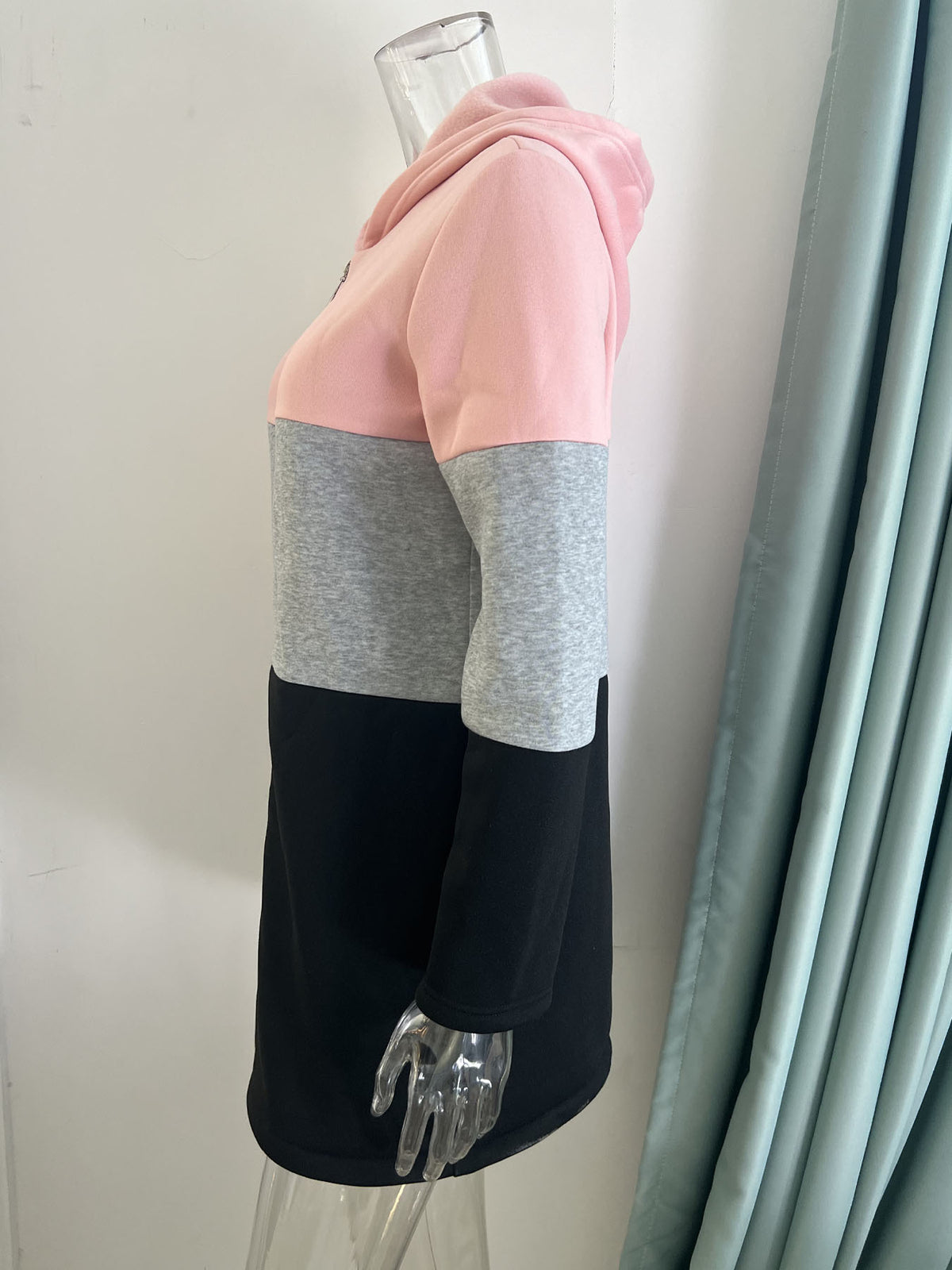 Color Block Longline Zip Up Hoodie - Pink - 1
