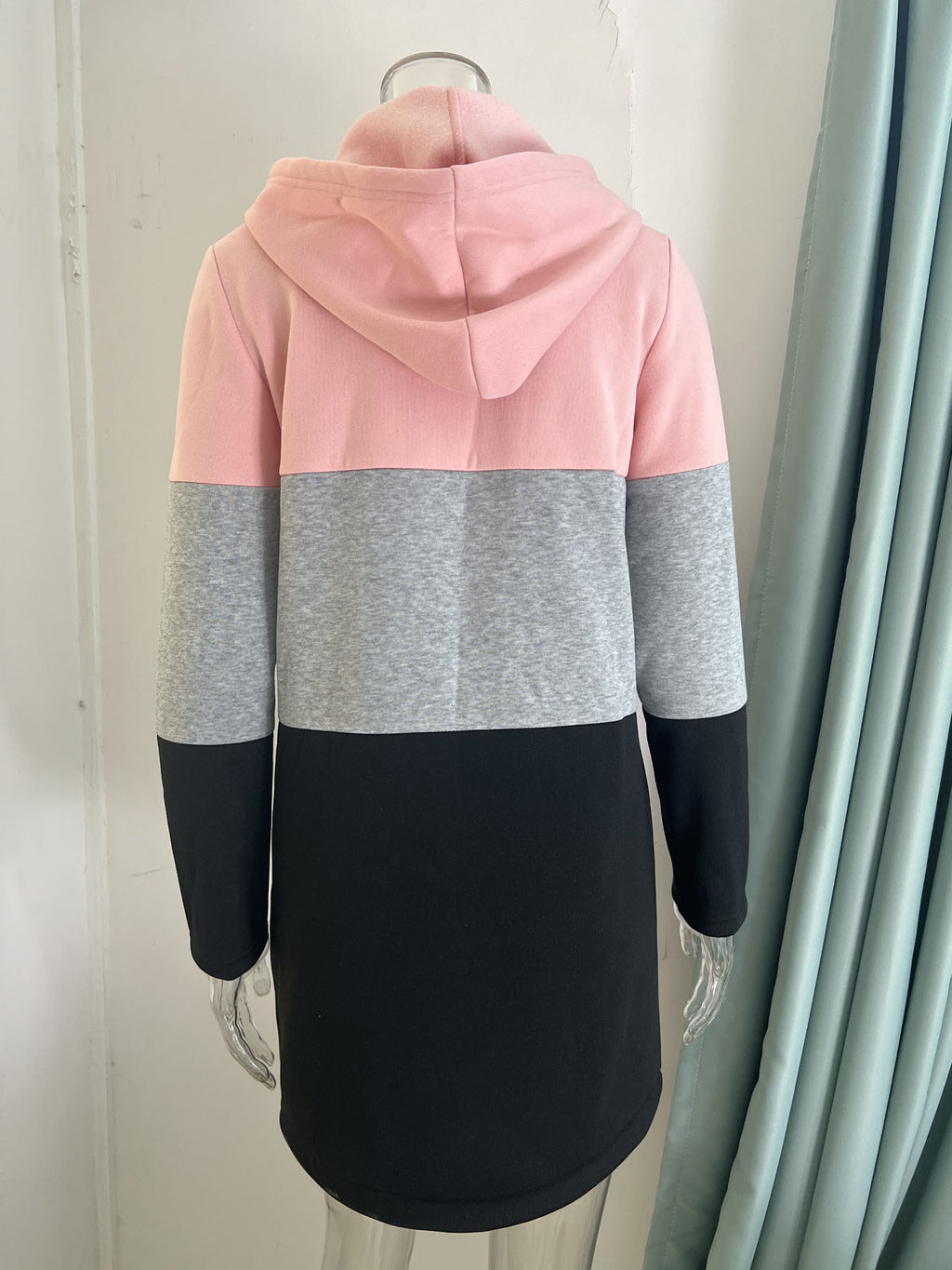 Color Block Longline Zip Up Hoodie - Pink - 2