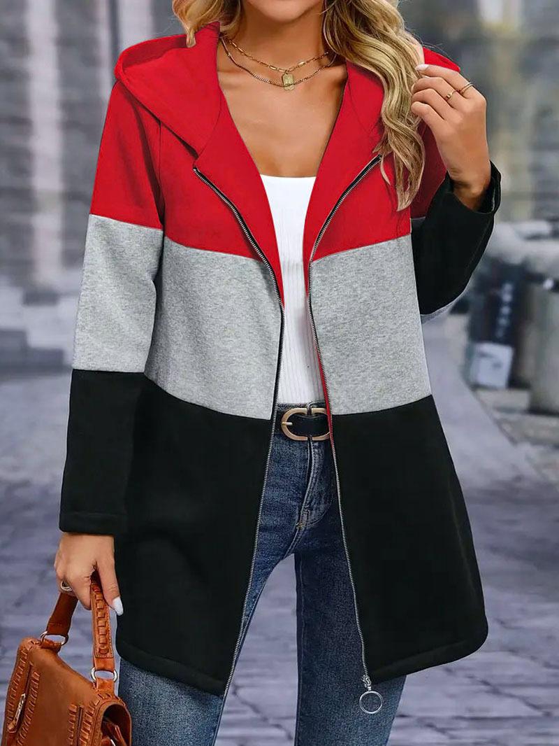 Color Block Longline Zip Up Hoodie - Red