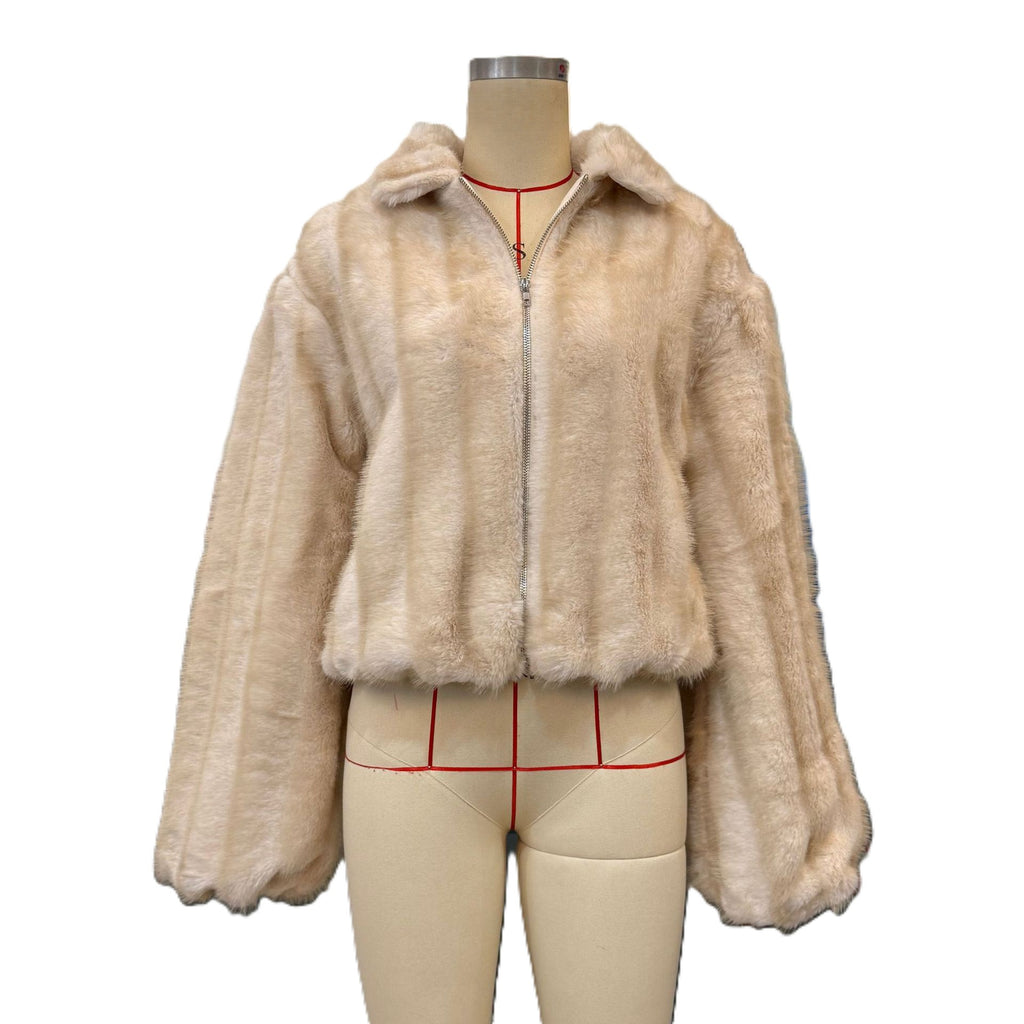 Cropped Faux Fur Collared Bomber Jacket - Beige