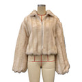 Cropped Faux Fur Collared Bomber Jacket - Beige