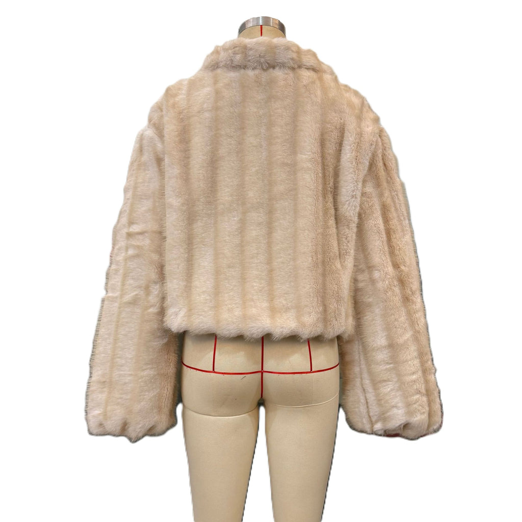 Cropped Faux Fur Collared Bomber Jacket - Beige - 1