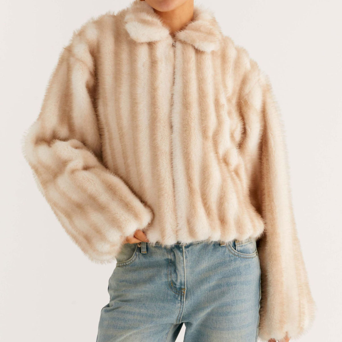 Cropped Faux Fur Collared Bomber Jacket - Beige - 2