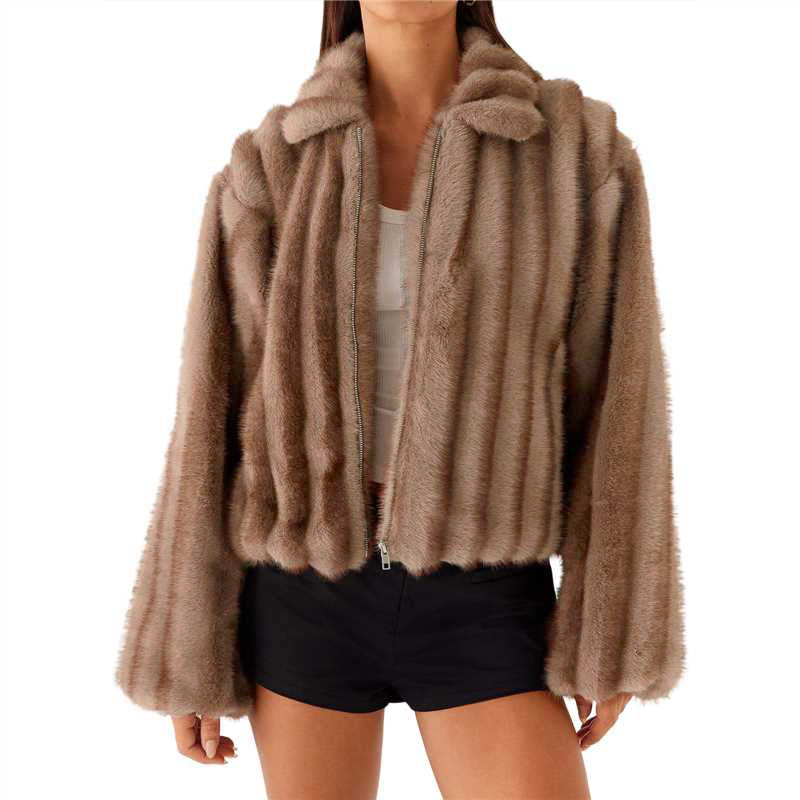 Cropped Faux Fur Collared Bomber Jacket - Brown