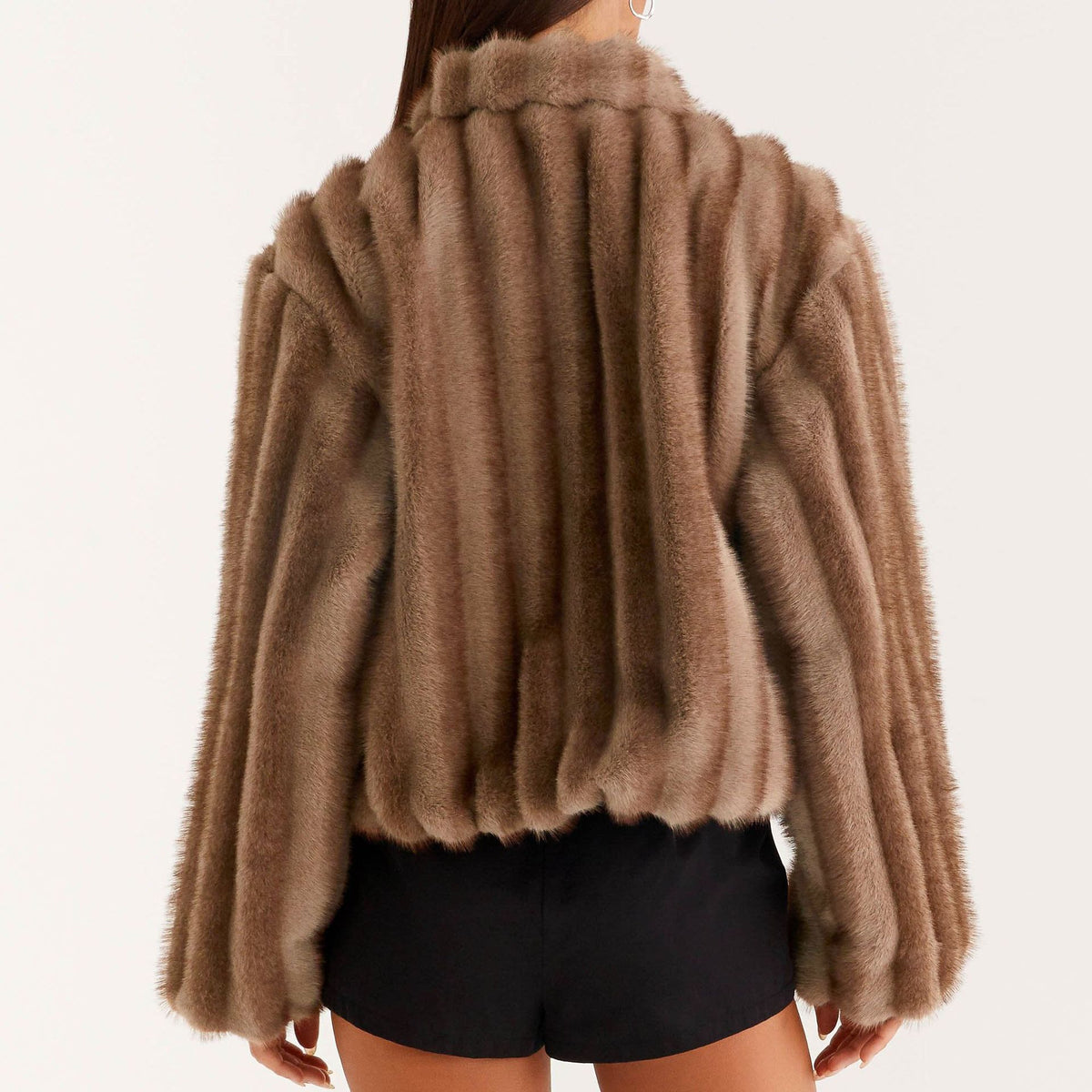 Cropped Faux Fur Collared Bomber Jacket - Brown - 1