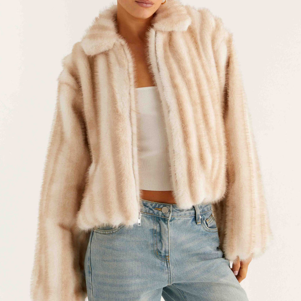 Cropped Faux Fur Collared Bomber Jacket