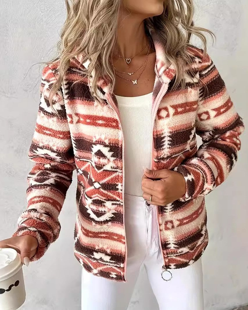 Southwestern Print Zip Hooded Fleece Coat - Orange
