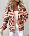 Southwestern Print Zip Hooded Fleece Coat - Orange