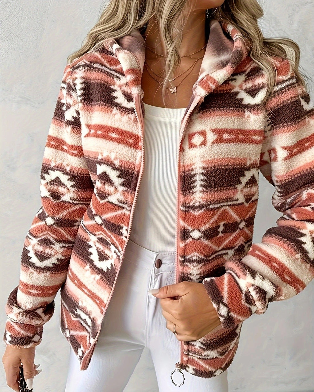 Southwestern Print Zip Hooded Fleece Coat - Orange - 1